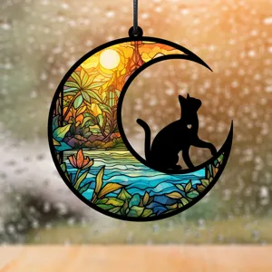 Buntglas Stil schwarze Katze Mond Hängende Ornament Detailansicht für die Inneneinrichtung