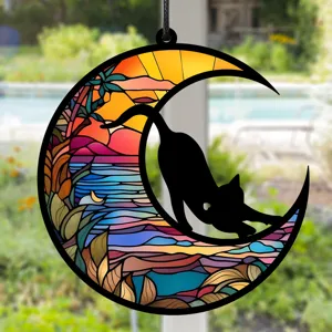 Buntglas Stil Mond Katze Hängeornament, schöne Sonnenuntergang Strand Art Dekoration.