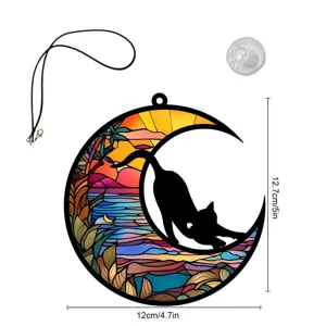 Mond Katze Hängeornament im Buntglas-Stil mit Saugnapf und Kordel für Heimdekoration.