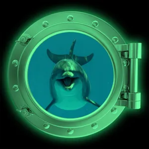 Luminous porthole wall sticker with cute dolphin design, removable PVC decor for home and fridge.