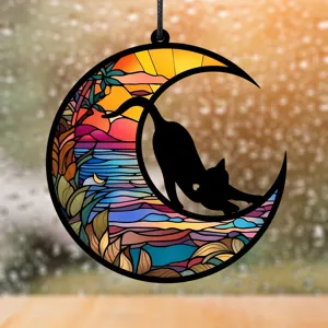 Buntglas Stil Mondsichel schwarze Katze Hängeornament für die Innendekoration zu Hause.
