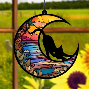 Buntglas Stil Halbmond schwarze Katze hängend Acryl Fensterschatten Dekoration neu