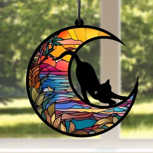 Mond Katze Fenster Deko Acryl Wandbehang, bunte Glasoptik fuer das Wohnzimmer.