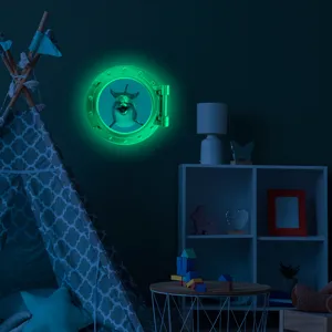Glow in the dark dolphin porthole wall sticker for kids room decor, luminous ocean animal decal.