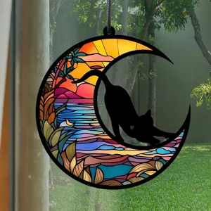 Buntglas Katzen Mond Hängeornament Acryl Fensterdeko für Zuhause Wohnzimmer Schlafzimmer