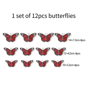 Gedetailleerd uitzicht op 3D-geperforeerde parelmoer papier vlinder muurstickers in rood, set van 12.