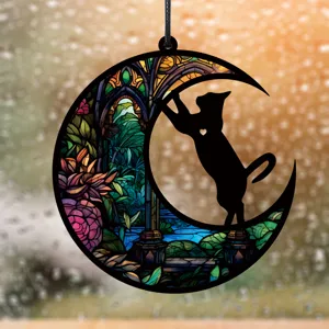 Buntglas Katzen Mond Hängedekor Detail, lebendige UV-Druck Acryl Fensterkunst für Zimmerdeko.
