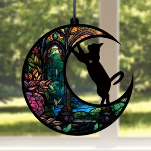 Buntglas Katze am Mond Hängeplakette, UV-gedruckte Heimdekoration für drinnen Wohnzimmer Schlafzimmer.