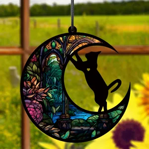 Buntglas Mond Katze Hängeschild, Acryl Fenster Hängend Dekoration für Zuhause Schlafzimmer