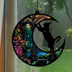 Buntglas Stil Mondsichel Katze Hängeornament für Zuhause Innenbereich dekorativer Anhänger