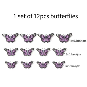 Gedetailleerd overzicht van 3D holle paarse vlinder muurstickers, set van 12 in drie maten.
