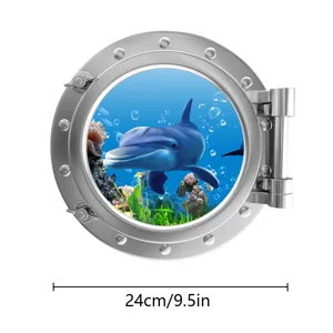 Luminous porthole marine animal fridge sticker, 24cm ocean dolphin wall decal decor.