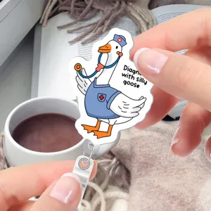 Cute silly goose badge reel nurse doctor retractable ID card holder for students work.