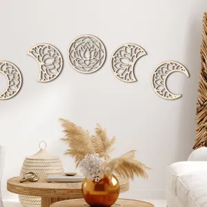 Wooden moon phase wall hanging set with hollow lotus mandala design, perfect for home decor.