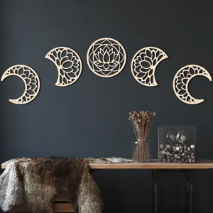 Detailed view of wooden moon phase wall decor, carving craftsmanship, interior wall art accent.