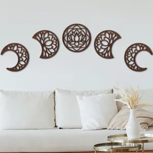 Wooden moon phase wall hanging set, carved lotus mandala art for bohemian home bedroom decor.