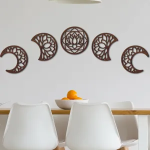 Wooden moon phase wall art detail showcasing intricate hollow carved bohemian decor for home.