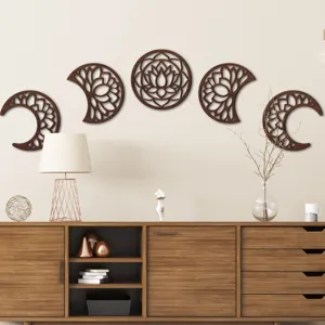 Detailed view of 3D wooden moon phase wall hanging decor set, featuring hollow lotus designs.