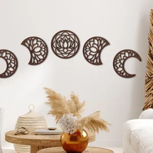 Wooden moon phase wall art hanging decor, hollow mandala design for living room decor.