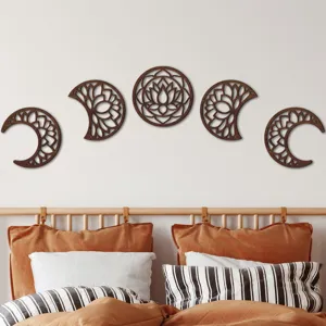 Wooden moon phase wall hanging detail, 5-piece boho lotus mandala decor for bedroom home.