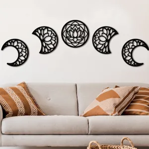 Wooden moon phase wall hanging decor set for living room bohemian home decoration 5pcs