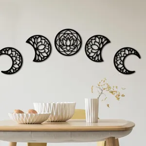 3D hollow wooden moon phase wall hanging decor set, geometric floral wall art panel for home.