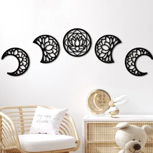 Wooden moon phase wall decor detail showcasing exquisite hollow lotus patterns for room aesthetic.