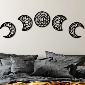 Wooden moon phase wall hanging with lotus flower design, 5-piece black boho bedroom decor.