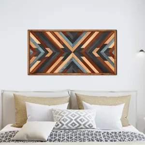 Wooden geometric wall art detail, Nordic style wooden mosaic hanging decor for room display.