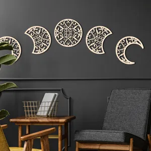 Wooden moon phase wall hanging decor set, carved hollow art for home interior wall decoration.