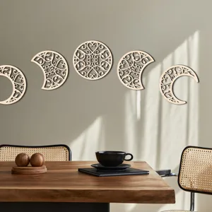 Wooden hollow carved moon phase wall hanging set, detailed display of room decor style.