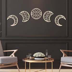 Wooden moon phase wall hanging decor 5-piece set hollow carved home background wall decoration.