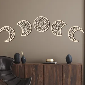 Wooden moon phase wall art 3d hollow hanging decor set for modern living room background