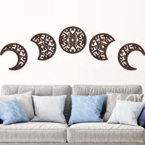 Wooden moon phase wall hanging set, boho lunar cycle carved art decor for bedroom living room.
