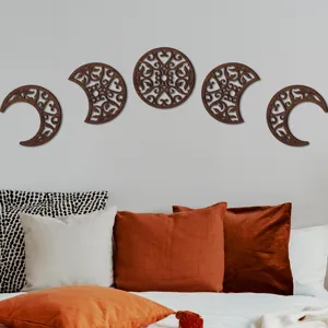 Wooden moon phase wall hanging decor set, carved phase of the moon wooden art for bedroom.