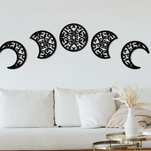 Wooden moon phase wall hanging decor set, black hollow carved wooden panels for home.