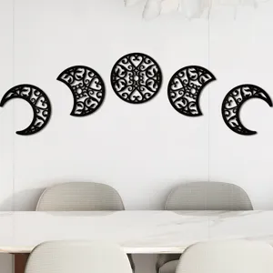 Wooden moon phase wall hanging decor, 5pcs hollow art for home bedroom living room