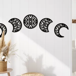 Wooden moon phase wall hanging set, black hollow crescent moon decor for living room bedroom.