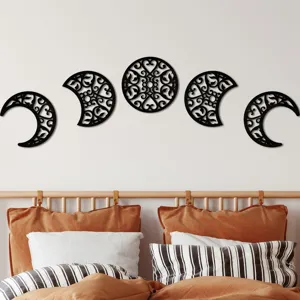 Wooden moon phase wall decor set, black hollow carved design for bedroom background display.