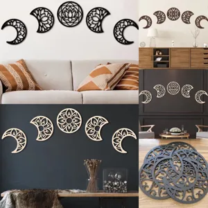 Hollow Wooden Moon Phase Wall Hanging Set Mandala Moon Cycle Art Sculptures Wooden Board Home Living Room Bedroom Decoration