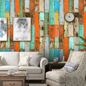 Carta da parati murale con assi di legno rustico colorato per soggiorno decoro.