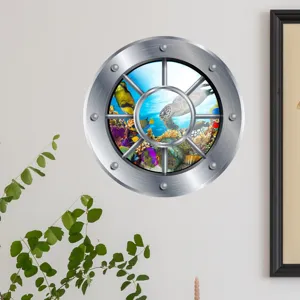Glow in the dark porthole ocean world wall sticker, cartoon turtle and coral close-up detail.