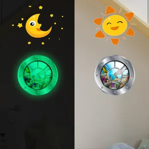 Luminous cartoon fake window wall sticker, glowing marine world porthole design for kids room.