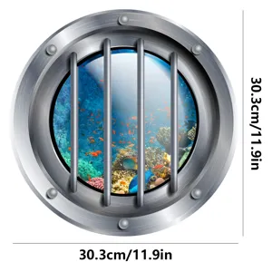 Detailed view of underwater porthole wall sticker featuring vibrant coral reef and tropical fish.