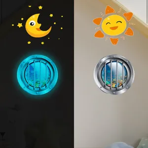 Luminous fake window wall sticker for kids room, cartoon sun moon design, self adhesive decor.