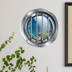 Underwater ocean porthole wall sticker detail, glowing coral and tropical fish decor.