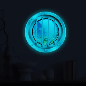 Glow in the dark underwater porthole wall sticker detail, glowing blue ocean view window decor.