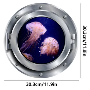 Luminous round jellyfish porthole wall sticker for kids room decor, size 30.3cm.