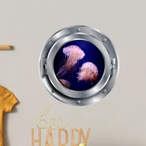 Glow in the dark porthole wall sticker featuring jellyfish, detail view for kids room decor.