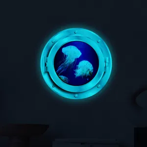 Luminous porthole jellyfish wall sticker for kids room glow in the dark background decor.